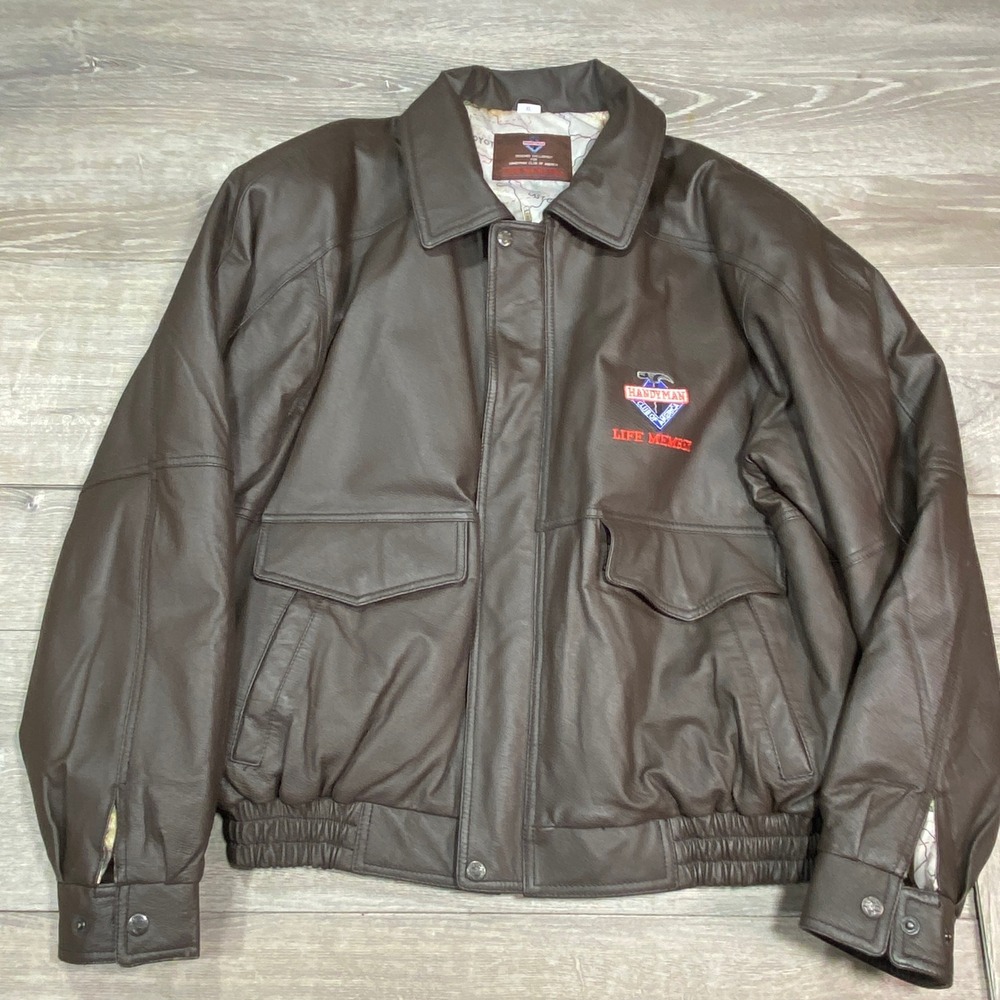 Handyman Club of America Men's Brown Leather Bomber Jacket‎ Embroidered